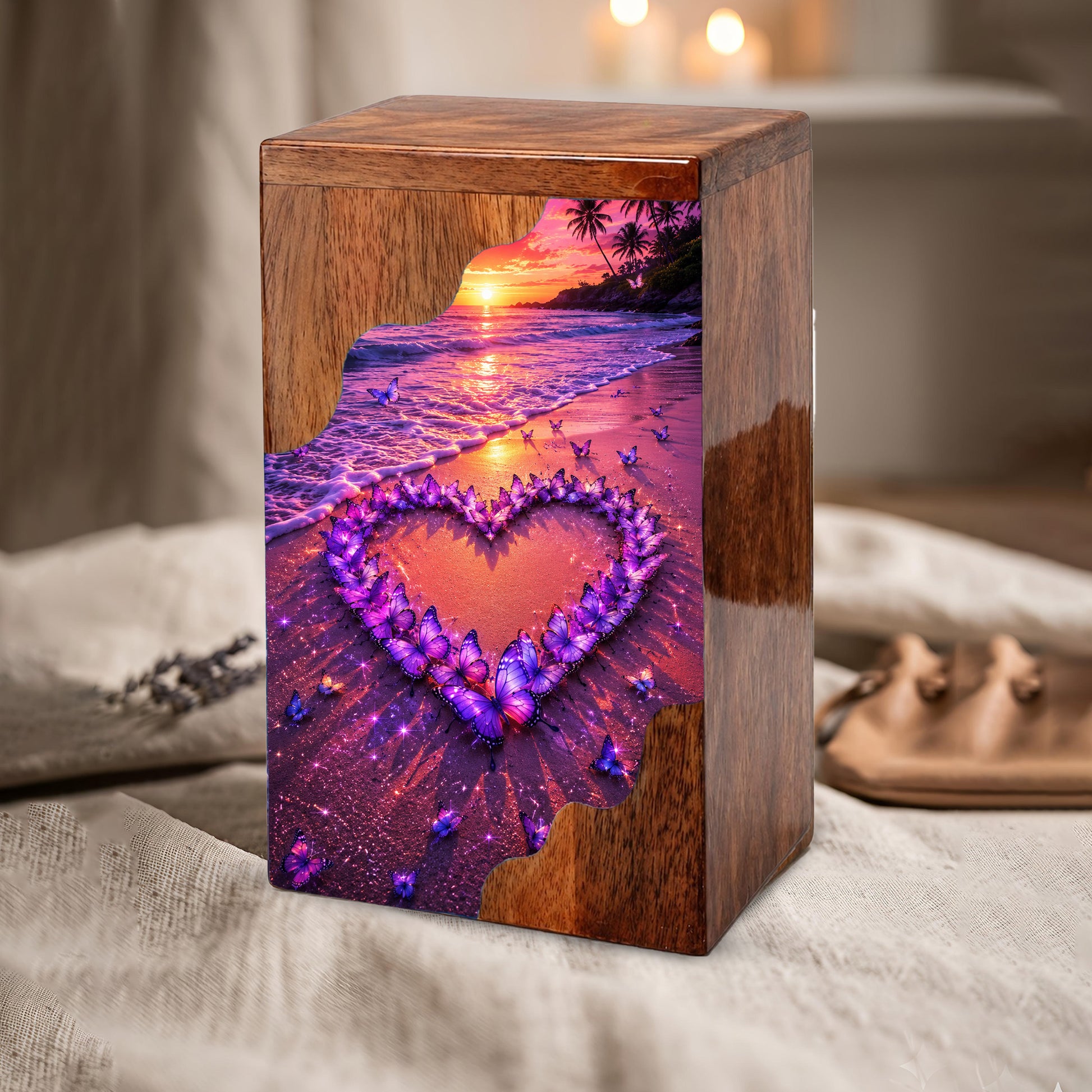 Butterfly Heart Beach Wooden Cremation Urn – Personalized Memorial Urn for Human Ashes