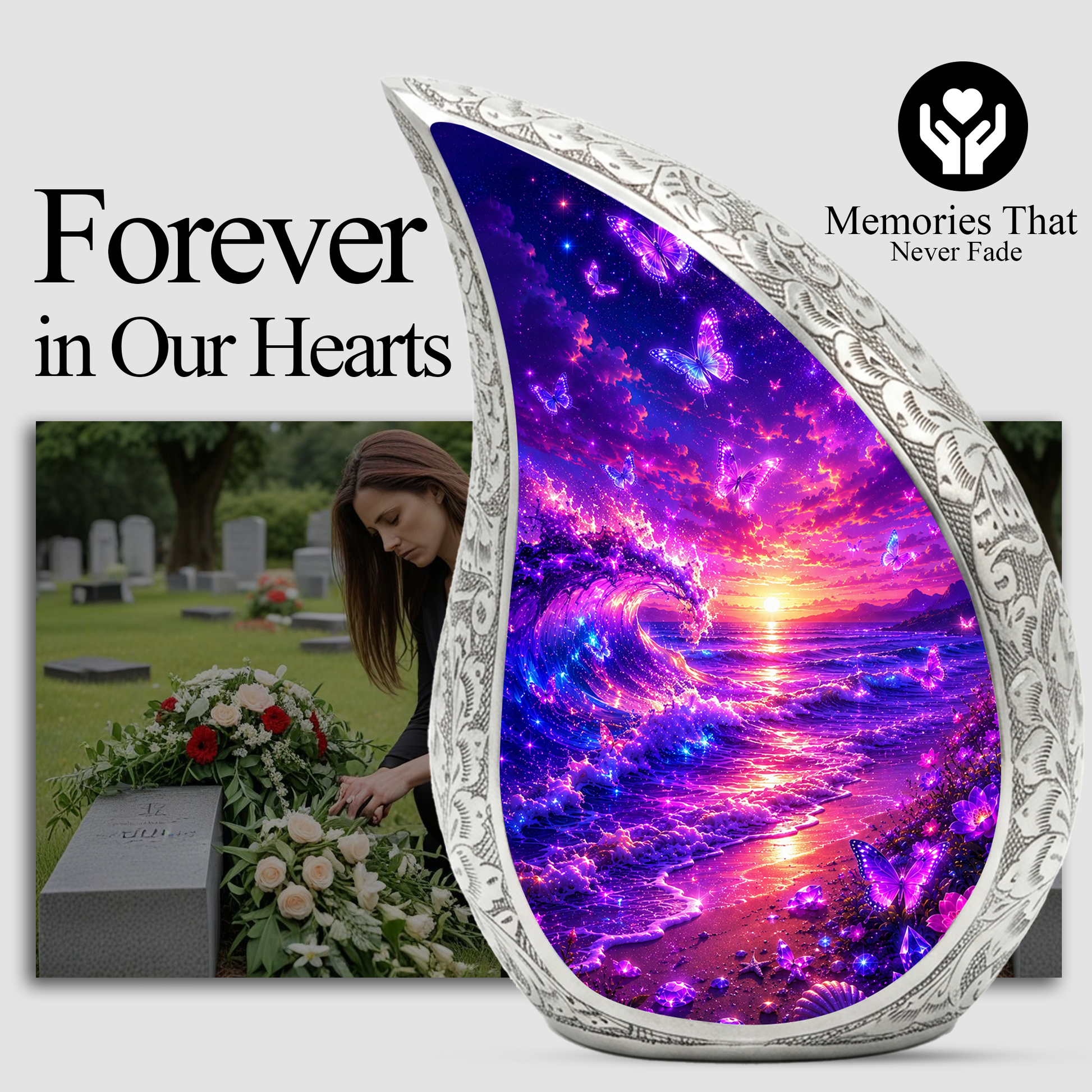 Butterfly Beach Cremation Urn for Adult Ashes | Beautiful Ocean Wave & Sunset Memorial Urn