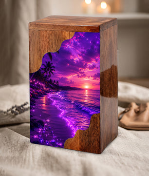 Beach Wooden Cremation Urn – Ocean Sunset Memorial Urn for Human Ashes