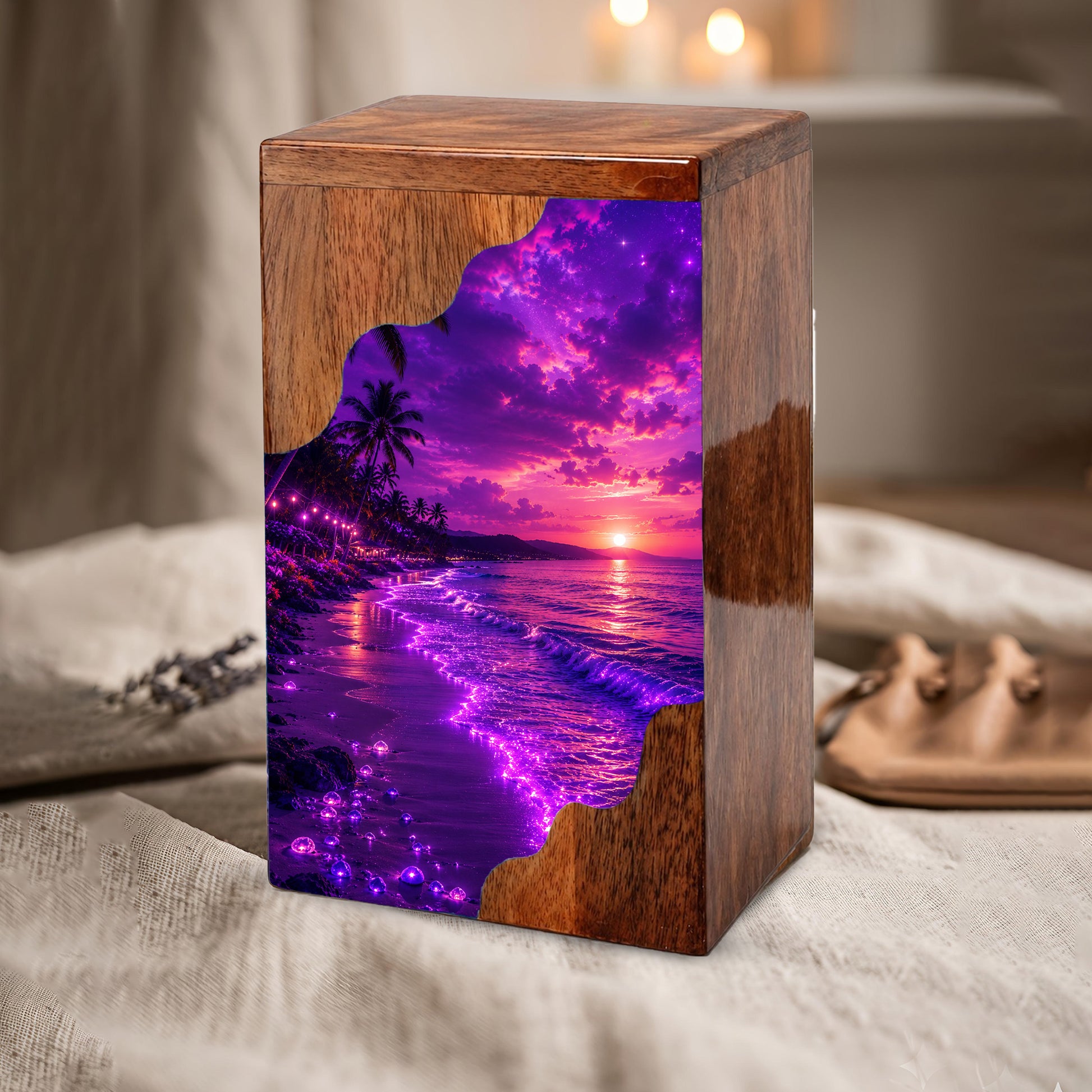 Beach Wooden Cremation Urn – Ocean Sunset Memorial Urn for Human Ashes