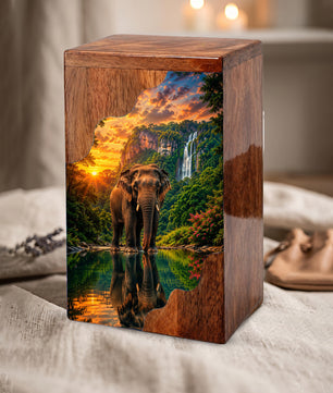 Elephant Wooden Cremation Urn – Waterfall Memorial Urn for Human Ashes