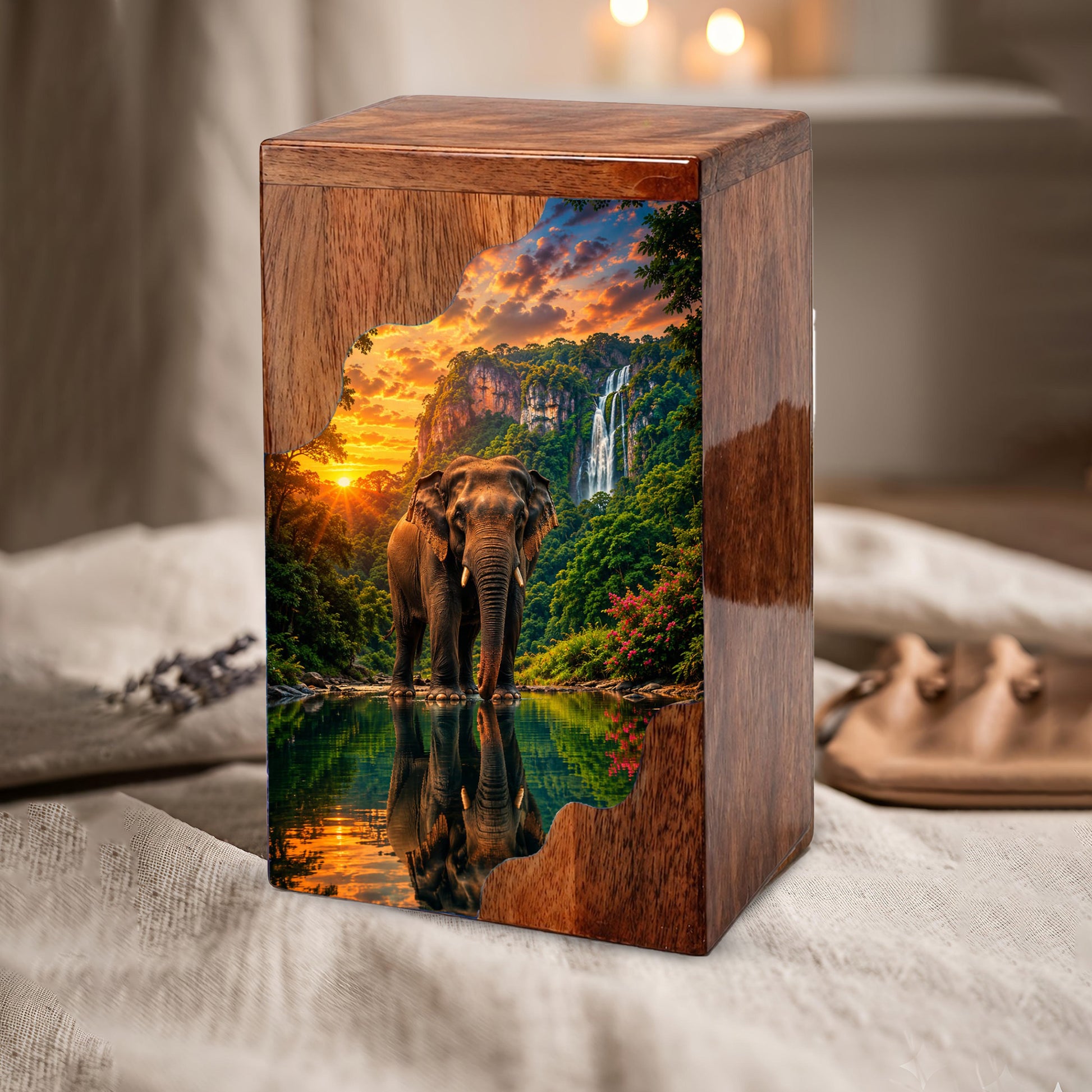 Elephant Wooden Cremation Urn – Waterfall Memorial Urn for Human Ashes