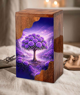 Purple Rose Tree Wooden Cremation Urn – Floral Memorial Urn with Tree of Life
