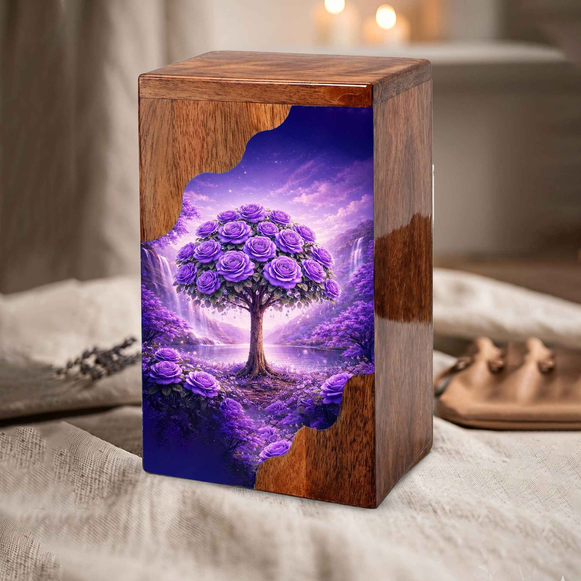 Purple Rose Tree Wooden Cremation Urn – Floral Memorial Urn with Tree of Life
