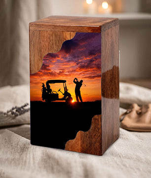 Personalized Golf Wooden Cremation Urn – Sunset Golf Memorial Urn | Custom Wooden Urn for Dad