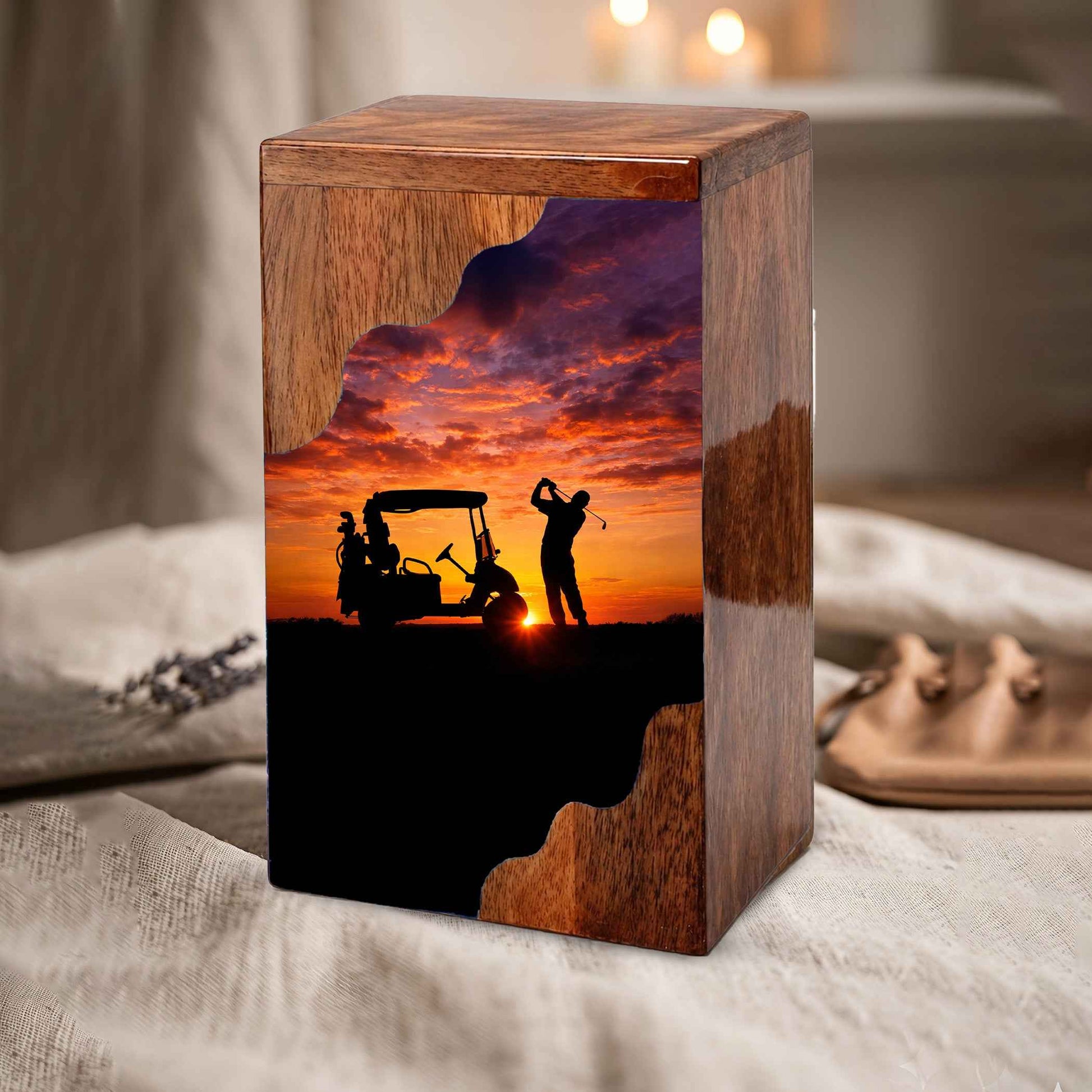 Personalized Golf Wooden Cremation Urn – Sunset Golf Memorial Urn | Custom Wooden Urn for Dad