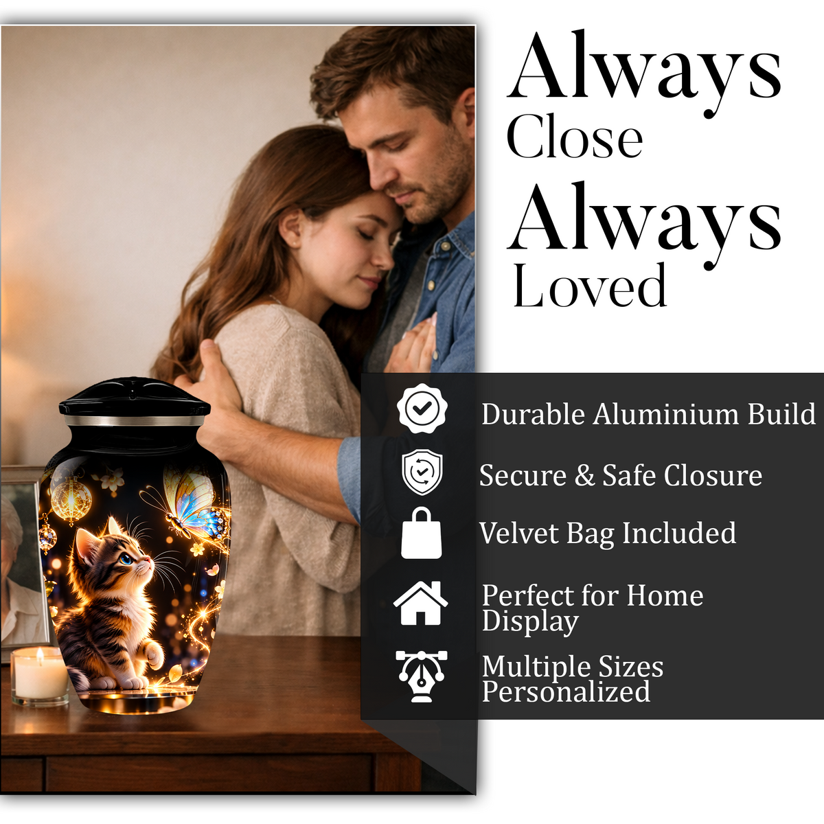 Kitten and Butterfly Cremation Urn for Adult Ashes, Personalized Cat Memorial Urn