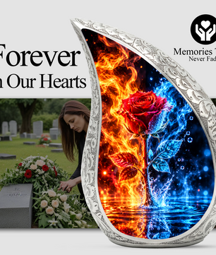 Red Rose Cremation Urn for Ashes, Blue and Fire Rose Adult Memorial Urn