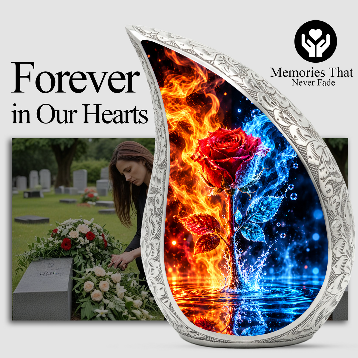 Red Rose Cremation Urn for Ashes, Blue and Fire Rose Adult Memorial Urn