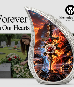 Sword and Rose Cremation Urn for Dad - Gothic Memorial Urn for Ashes