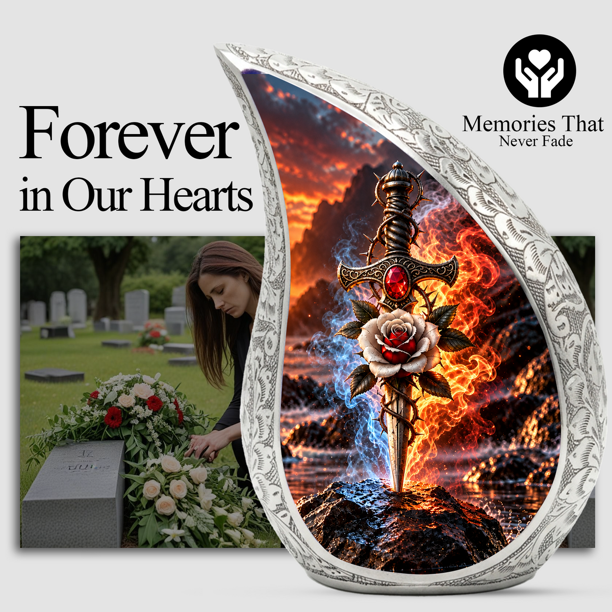 Sword and Rose Cremation Urn for Dad - Gothic Memorial Urn for Ashes