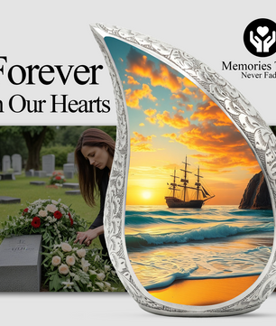 Sunset Sailing Personalized Cremation Urn – Teardrop Style Aluminum Memorial Urn, 10 Inch