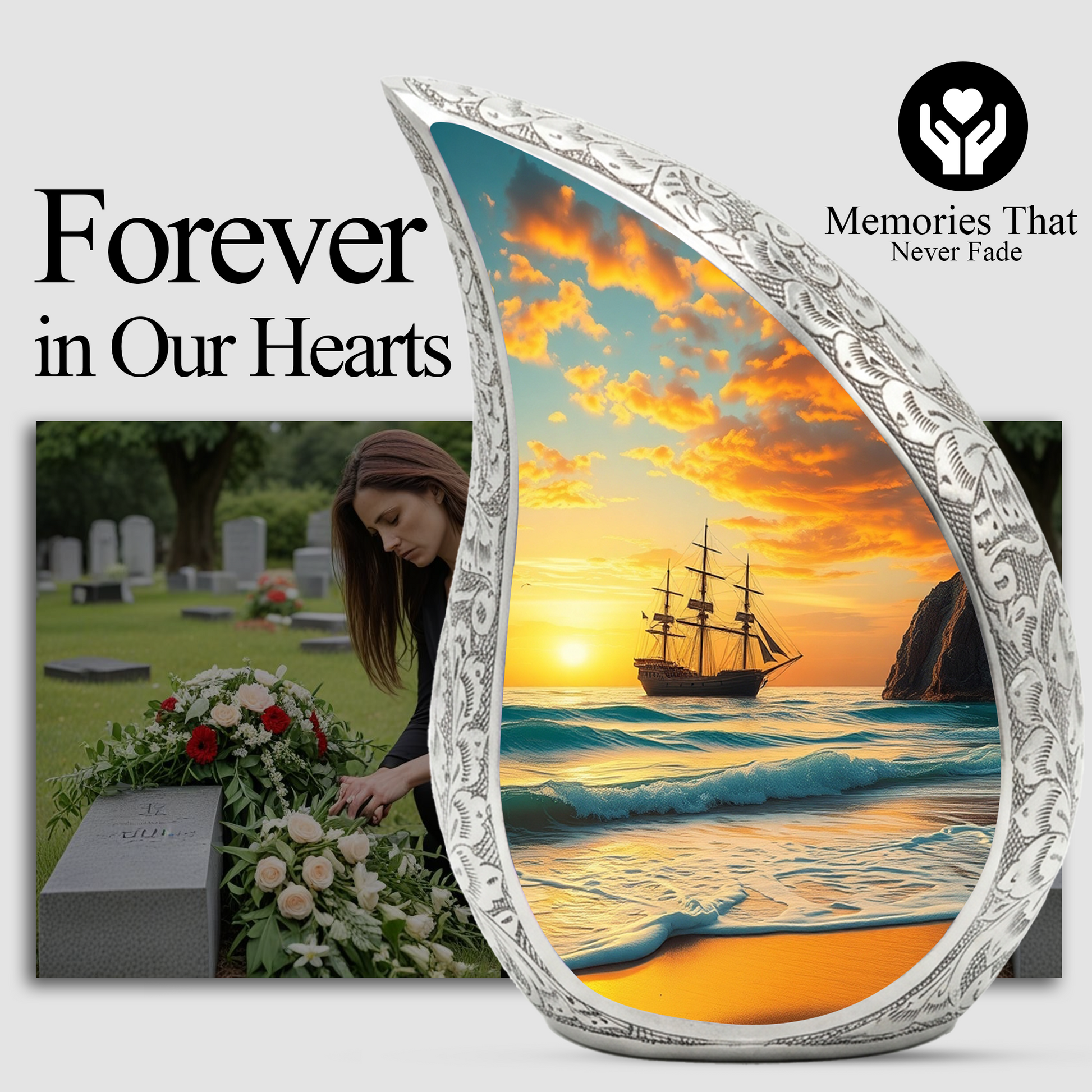 Sunset Sailing Personalized Cremation Urn – Teardrop Style Aluminum Memorial Urn, 10 Inch