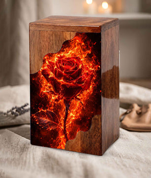 Fiery Rose Wooden Cremation Urn – Personalized Memorial Urn for Human Ashes