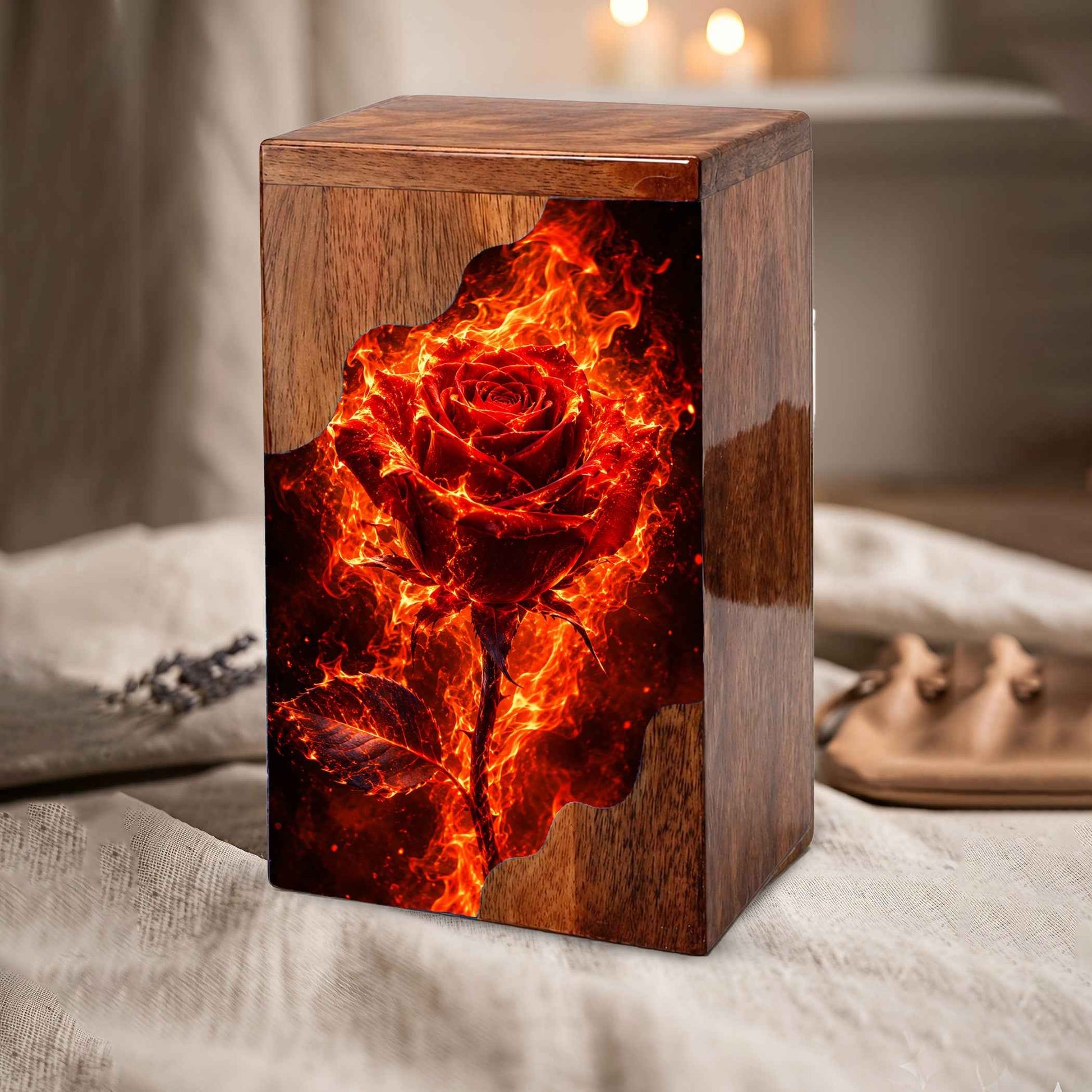 Fiery Rose Wooden Cremation Urn – Personalized Memorial Urn for Human Ashes