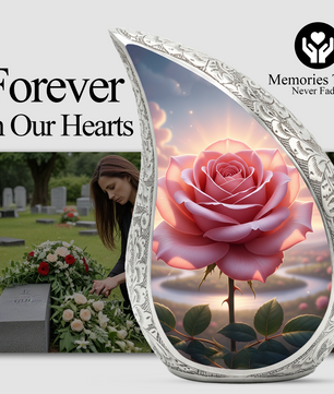 Personalized Pink Rose Cremation Urn – Custom Floral Memorial Urn for Ashes, Elegant Teardrop Aluminum Adult Urn, 10 Inch