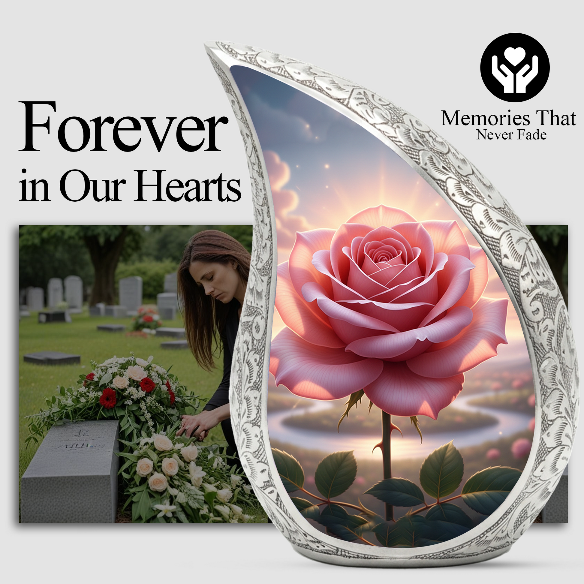 Personalized Pink Rose Cremation Urn – Custom Floral Memorial Urn for Ashes, Elegant Teardrop Aluminum Adult Urn, 10 Inch