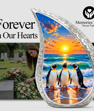 Penguin Cremation Urn for Ashes, Beach Sunset Memorial Urn, Adult Aluminum Cremation Urn
