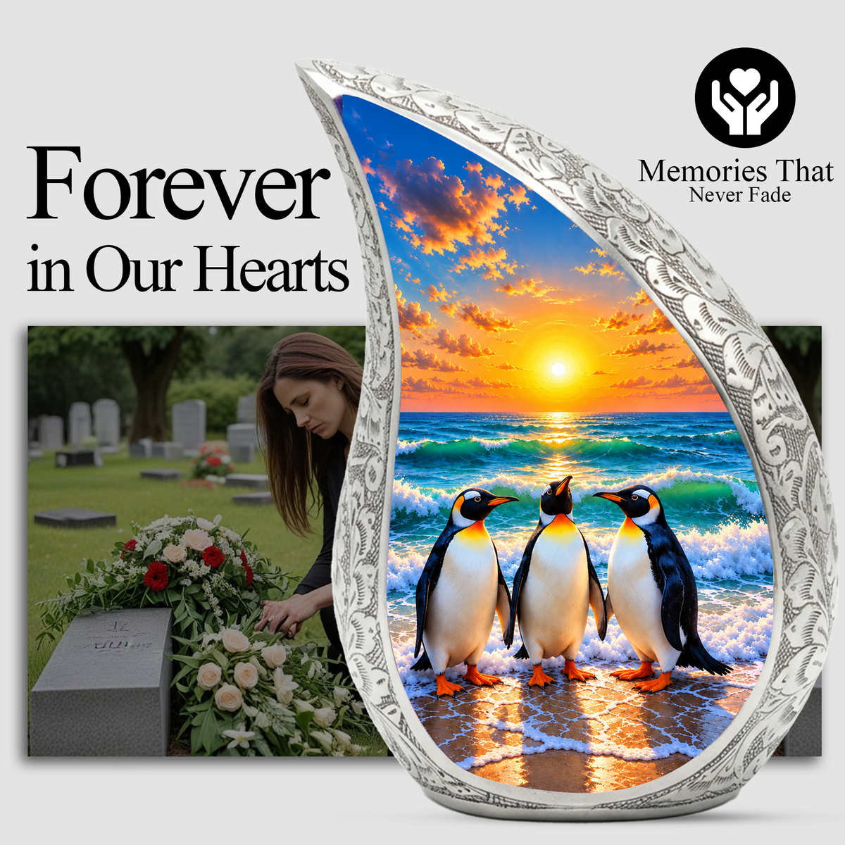 Penguin Cremation Urn for Ashes, Beach Sunset Memorial Urn, Adult Aluminum Cremation Urn