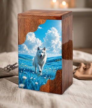 White Dog Wooden Cremation Urn – Personalized Pet Memorial Urn for Dog Ashes