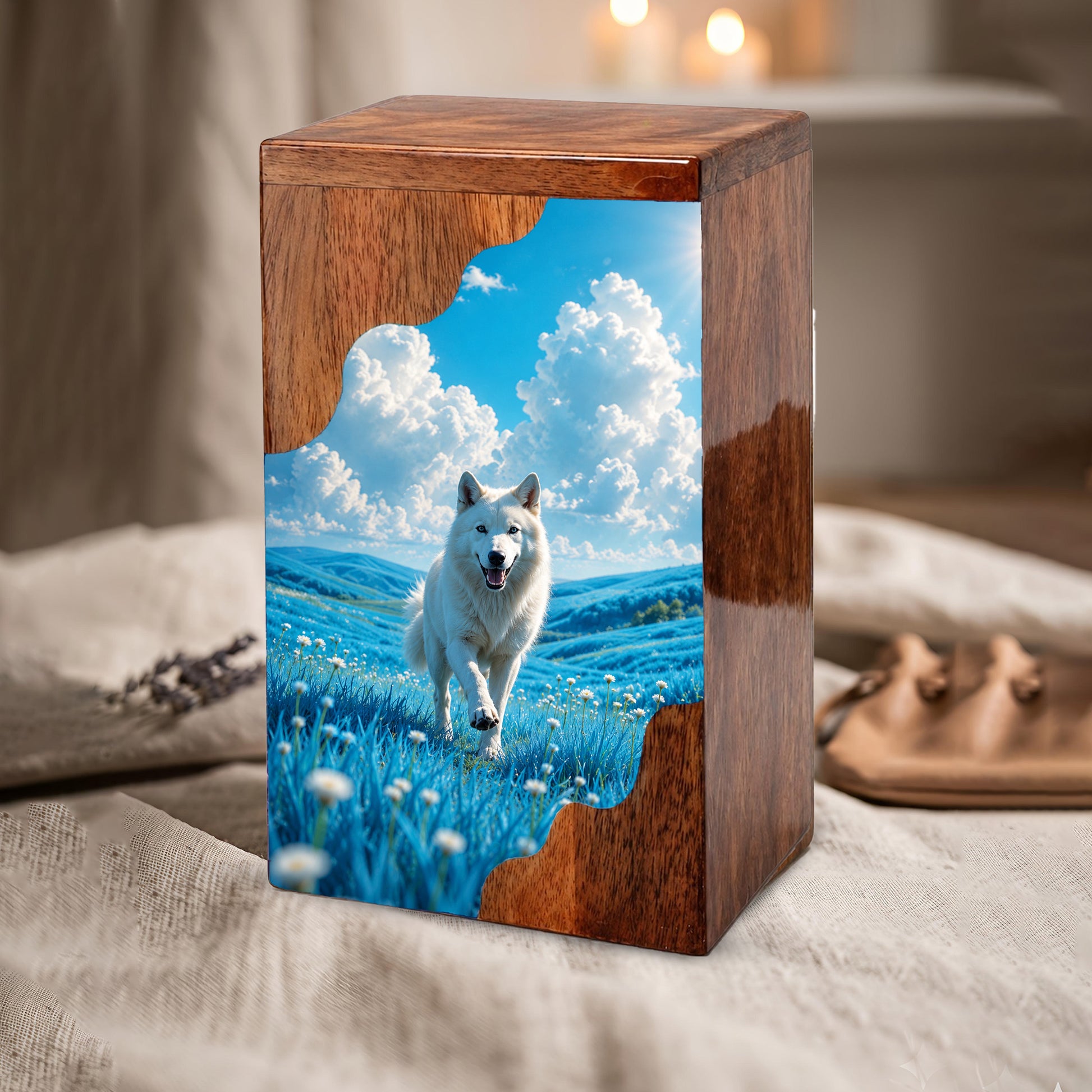White Dog Wooden Cremation Urn – Personalized Pet Memorial Urn for Dog Ashes