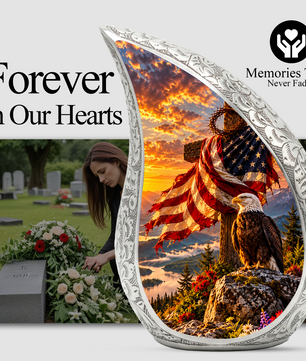 Christian Cremation Urn for Adult Ashes, Jesus Cross and American Flag Memorial Urn