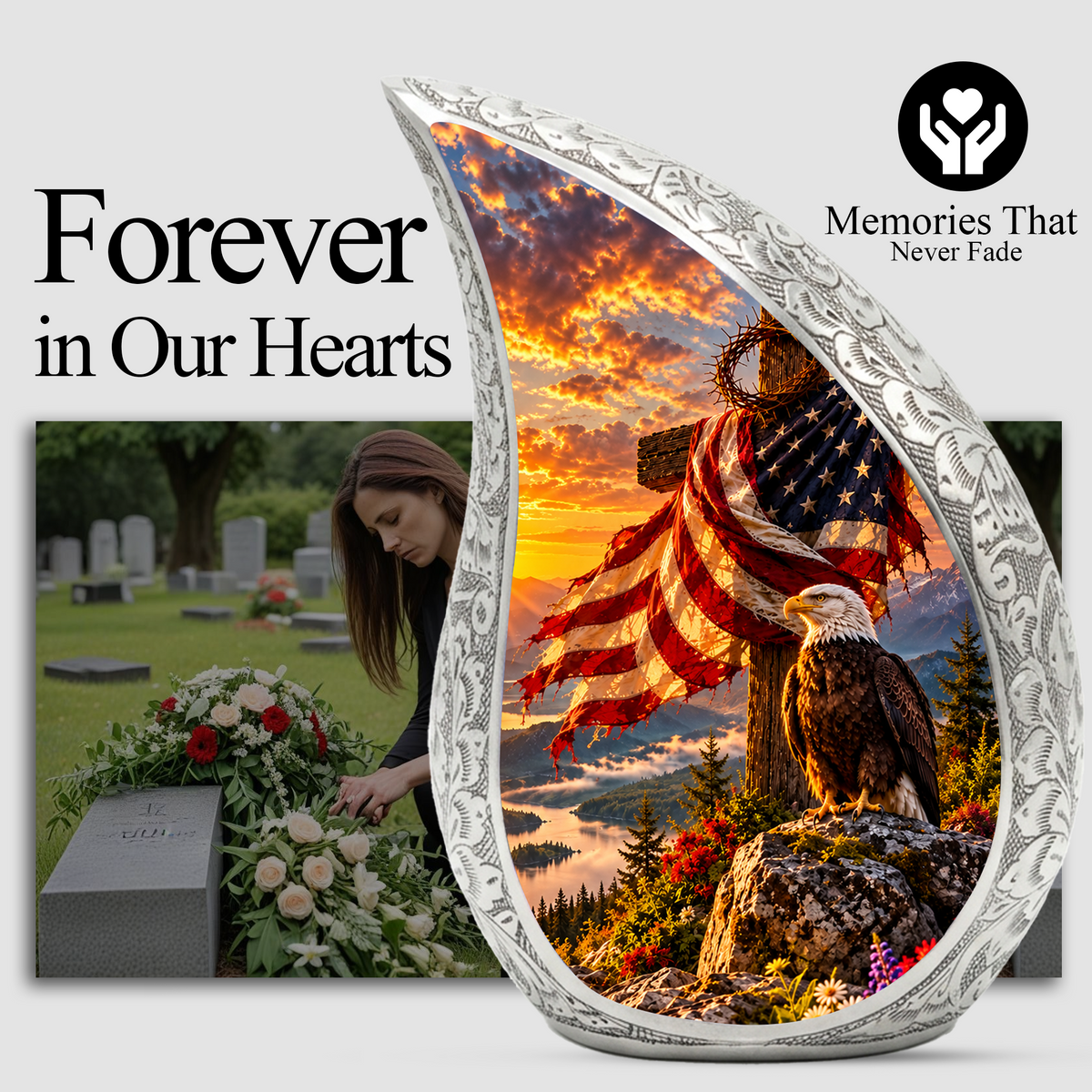 Christian Cremation Urn for Adult Ashes, Jesus Cross and American Flag Memorial Urn