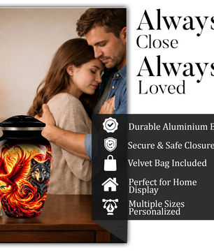 Phoenix and Wolf Cremation Urn for Adult Ashes, Fiery Red Phoenix and Wolf Adult Urn for Human Ashes