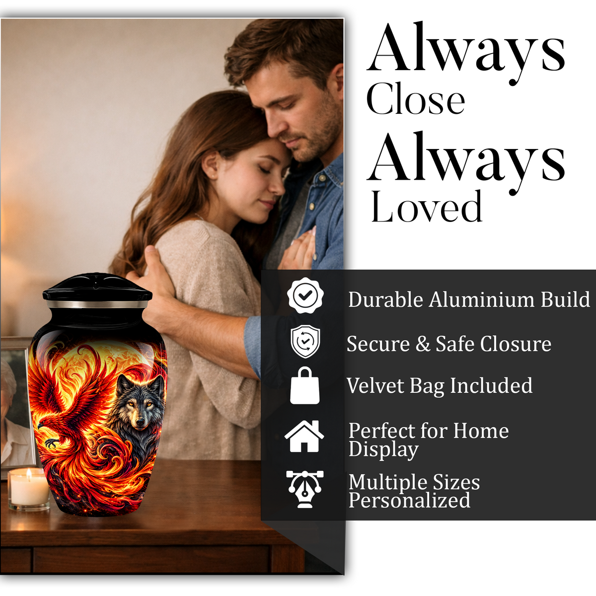 Phoenix and Wolf Cremation Urn for Adult Ashes, Fiery Red Phoenix and Wolf Adult Urn for Human Ashes