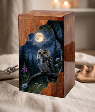 Owl Wooden Cremation Urn – Moonlit Memorial Urn | Wooden Urn for Human Ashes