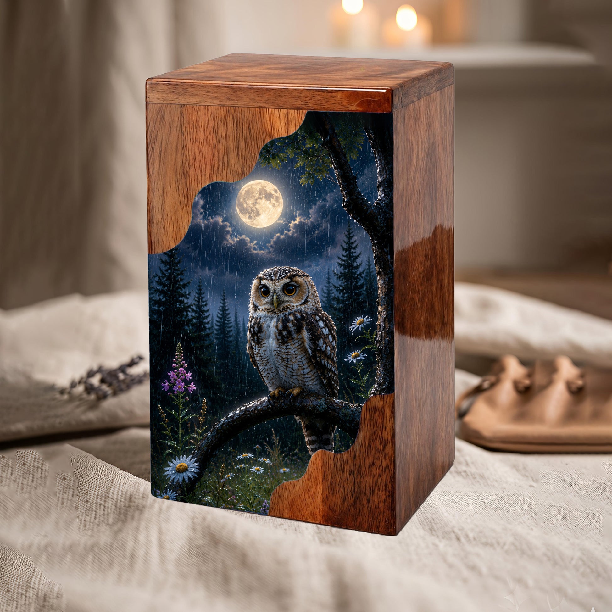 Owl Wooden Cremation Urn – Moonlit Memorial Urn | Wooden Urn for Human Ashes