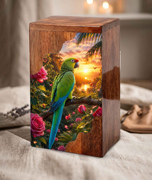 Tropical Parrot Wooden Cremation Urn – Personalized Memorial Urn for Human Ashes