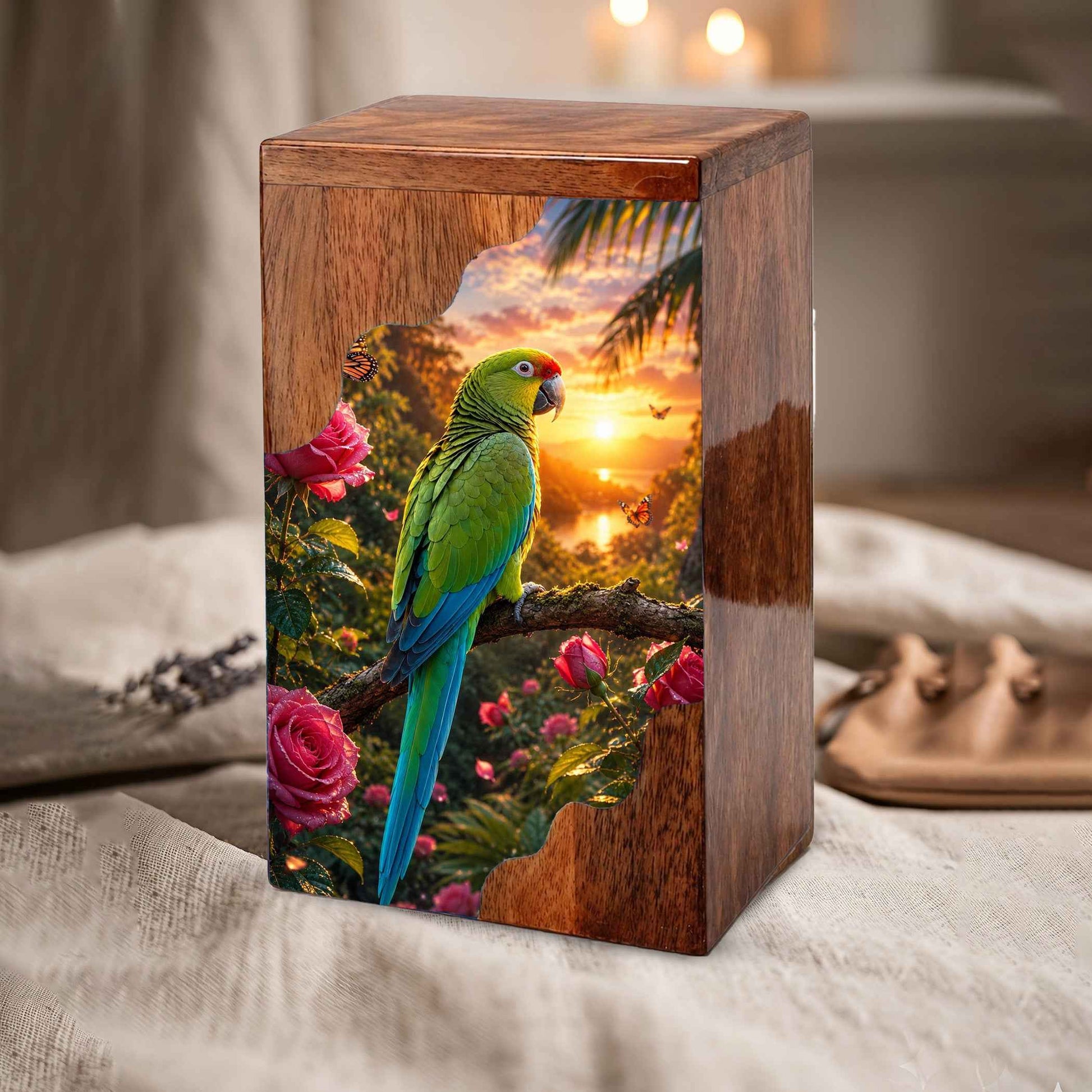 Tropical Parrot Wooden Cremation Urn – Personalized Memorial Urn for Human Ashes