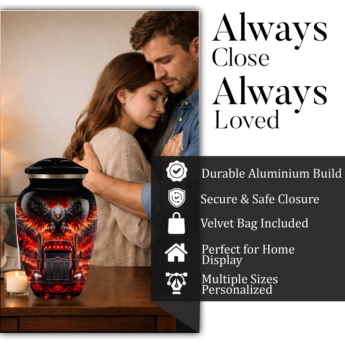 Personalized Adult Cremation Urn for Ashes, Custom Red Semi Truck and Fiery Eagle Memorial Urn, Truck Driver Urn