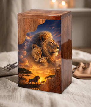 Lion Family Wooden Cremation Urn – Legacy & Eternal Love Memorial Urn for Human Ashes
