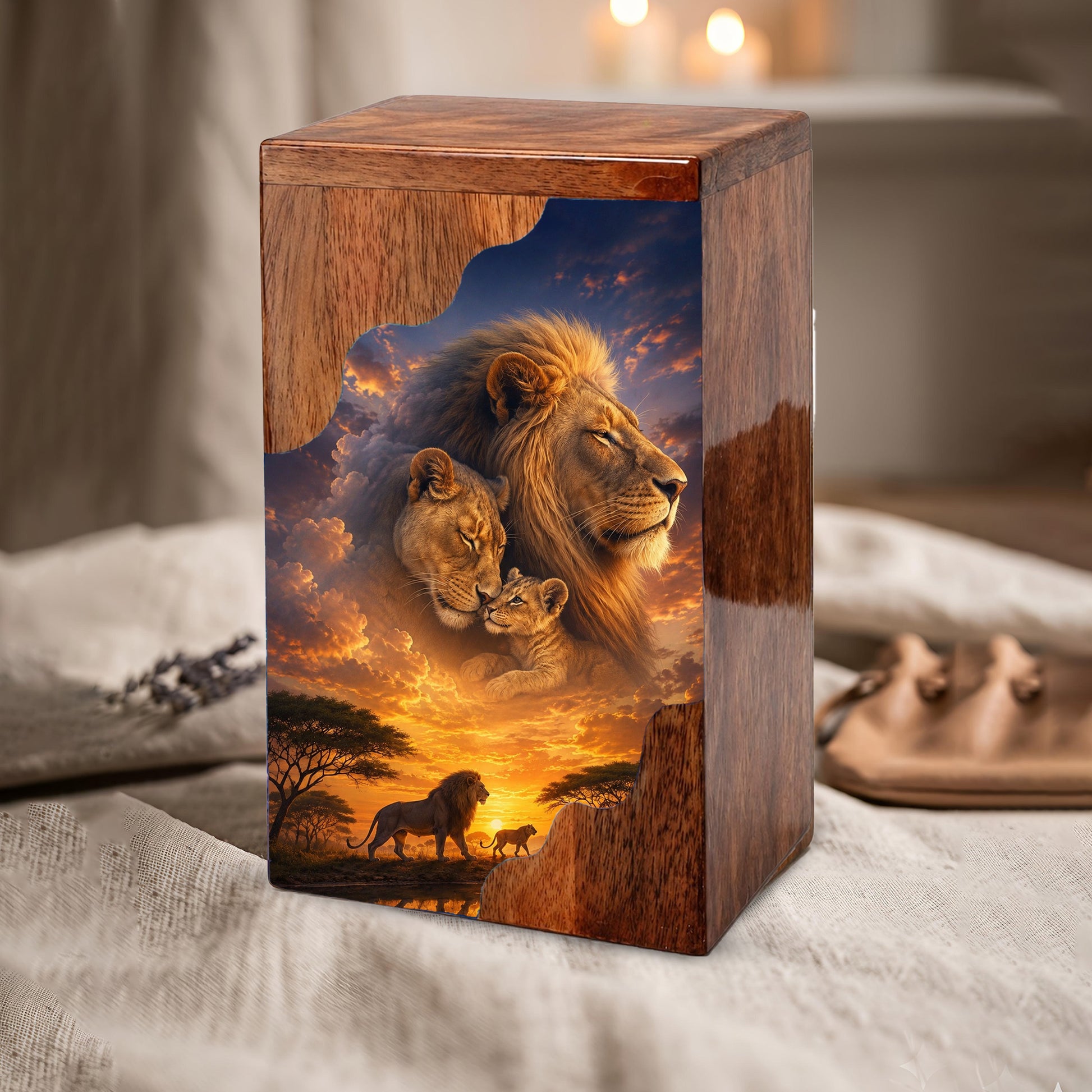 Lion Family Wooden Cremation Urn – Legacy & Eternal Love Memorial Urn for Human Ashes