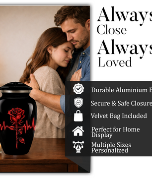 Red Rose Heartbeat Adult Urn for Ashes – Black Adult Cremation Urn, Memorial Urn for Adult Ashes