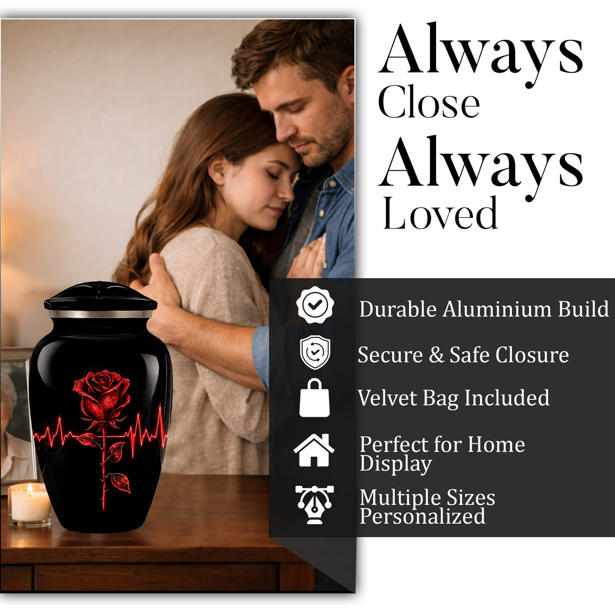 Red Rose Heartbeat Adult Urn for Ashes – Black Adult Cremation Urn, Memorial Urn for Adult Ashes