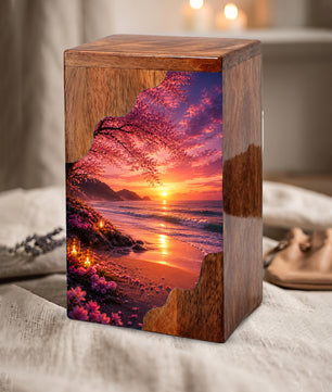 Beach Wooden Cremation Urn for Mom | Ocean Sunset Urn for Human Ashes