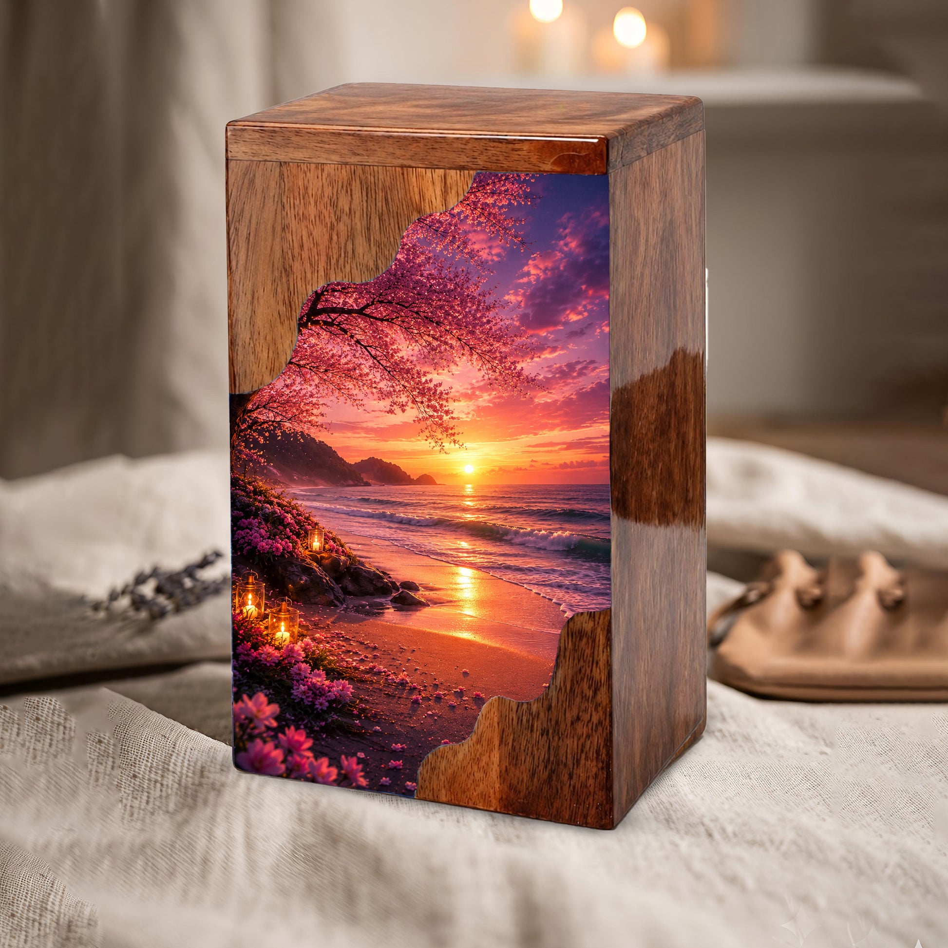 Beach Wooden Cremation Urn for Mom | Ocean Sunset Urn for Human Ashes