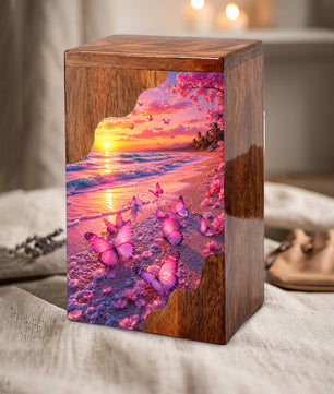 Pink Butterfly Beach Wooden Cremation Urn – Wooden Urn for Human Ashes