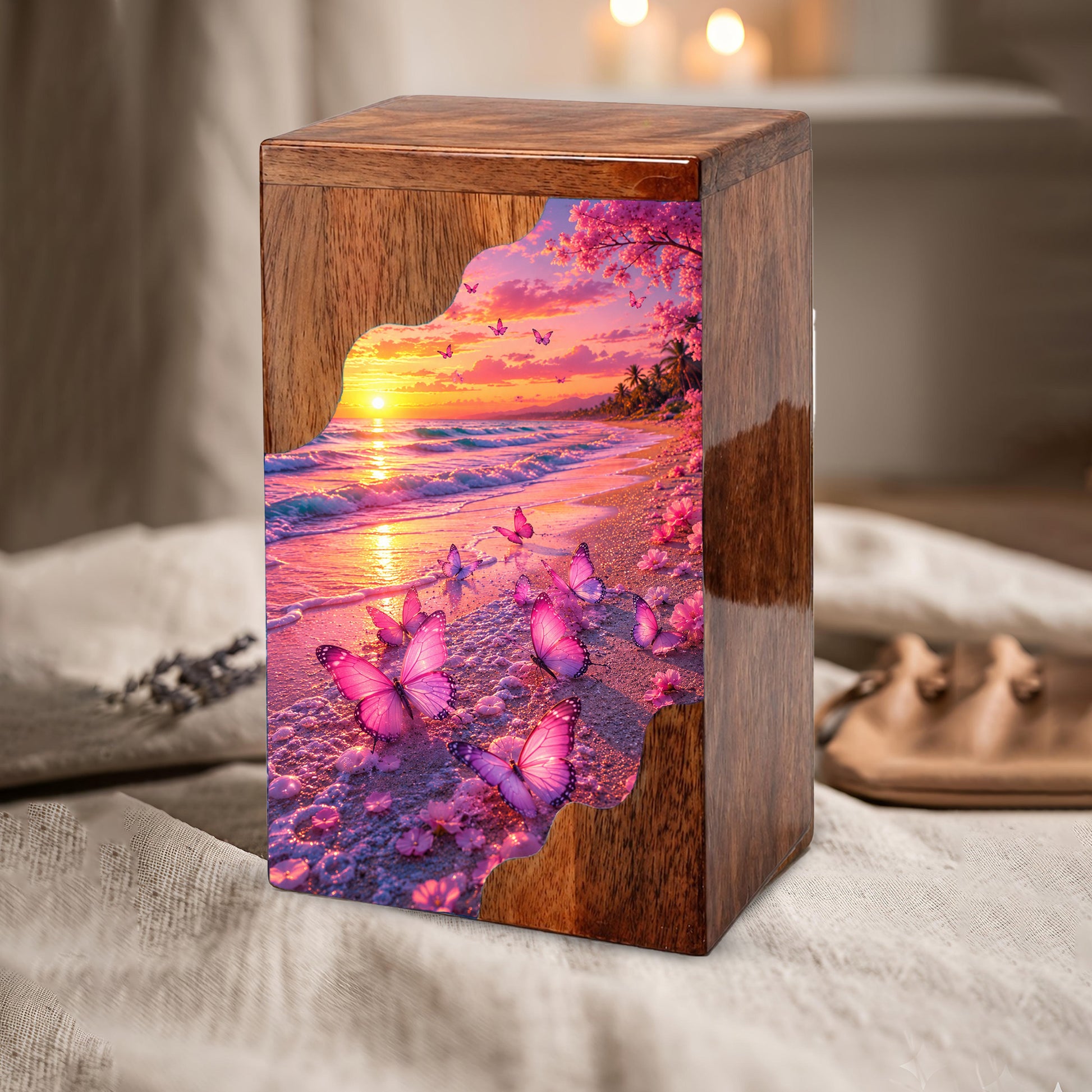 Pink Butterfly Beach Wooden Cremation Urn – Wooden Urn for Human Ashes