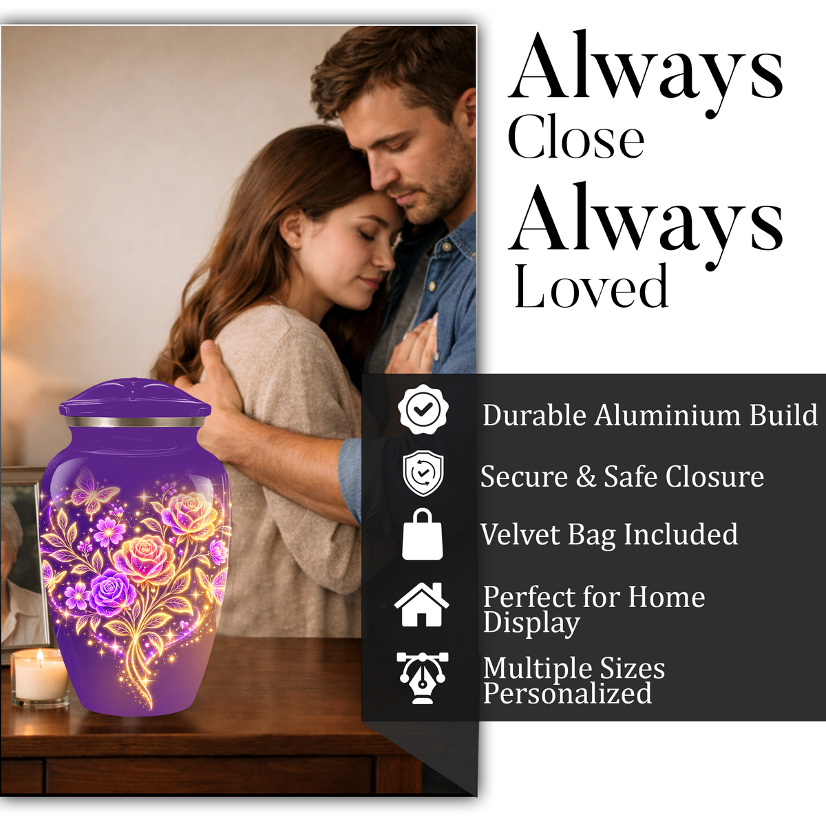 Purple Rose & Butterfly Cremation Urn for Ashes | Personalized Floral Memorial Urn | Handmade Adult Urn for Human Ashes