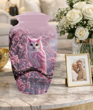 Pink Owl Cremation Urn for Mom, Cherry Blossom Memorial Urns for Ashes