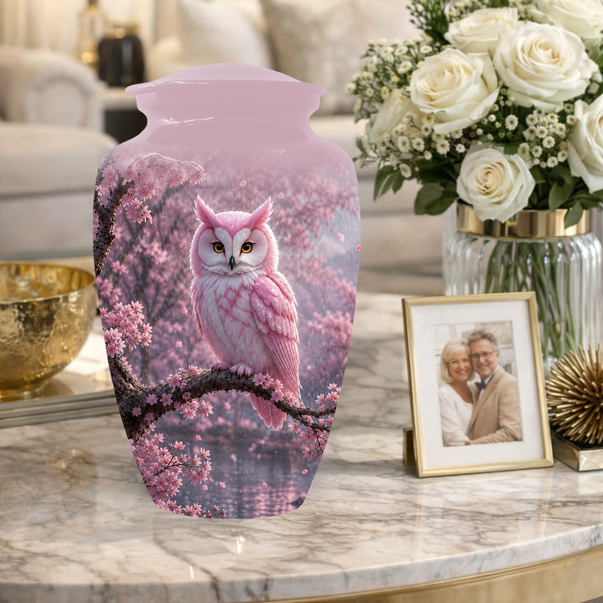 Pink Owl Cremation Urn for Mom, Cherry Blossom Memorial Urns for Ashes