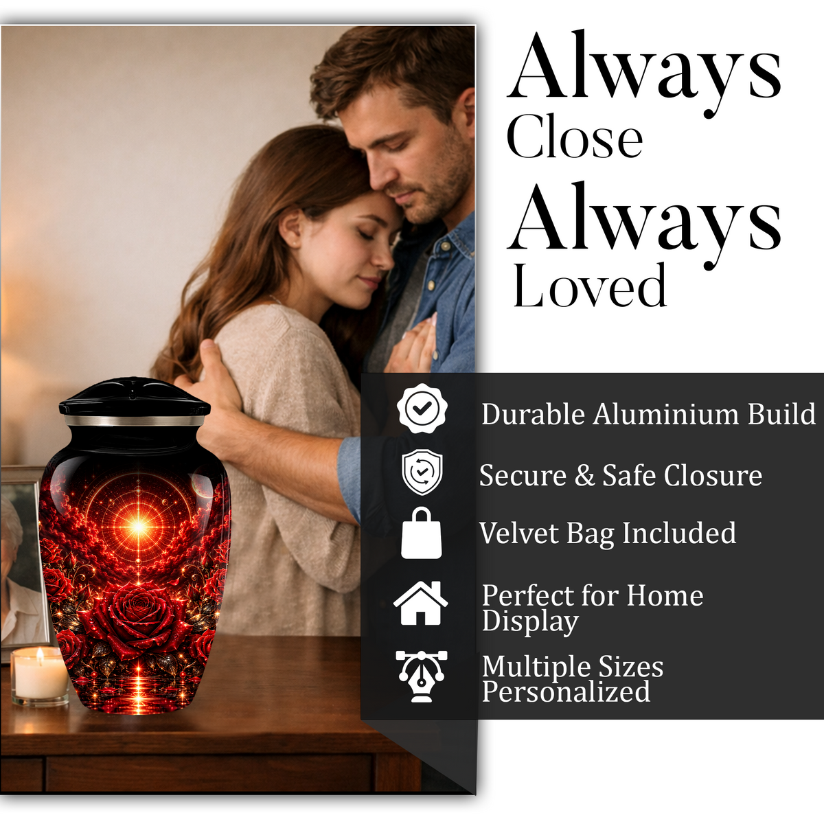 Red Rose Cremation Urn – Elegant Adult Memorial Urn for Ashes with Celestial Rose Design