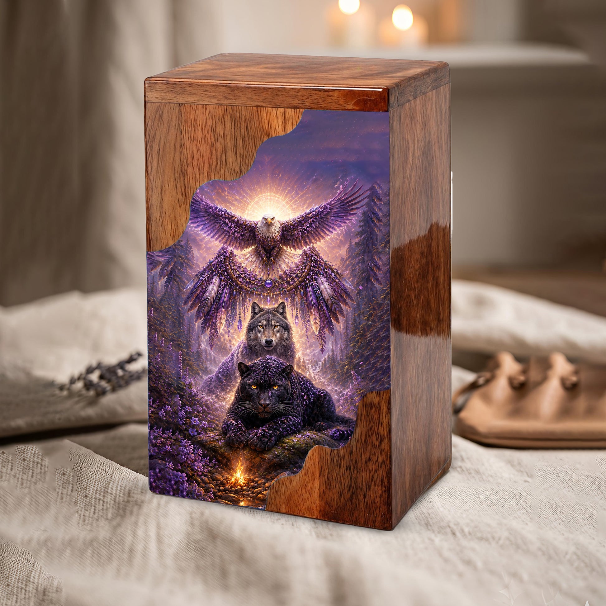 Wildlife Wooden Cremation Urn for Human Ashes | Eagle Wolf Panther Memorial Urn