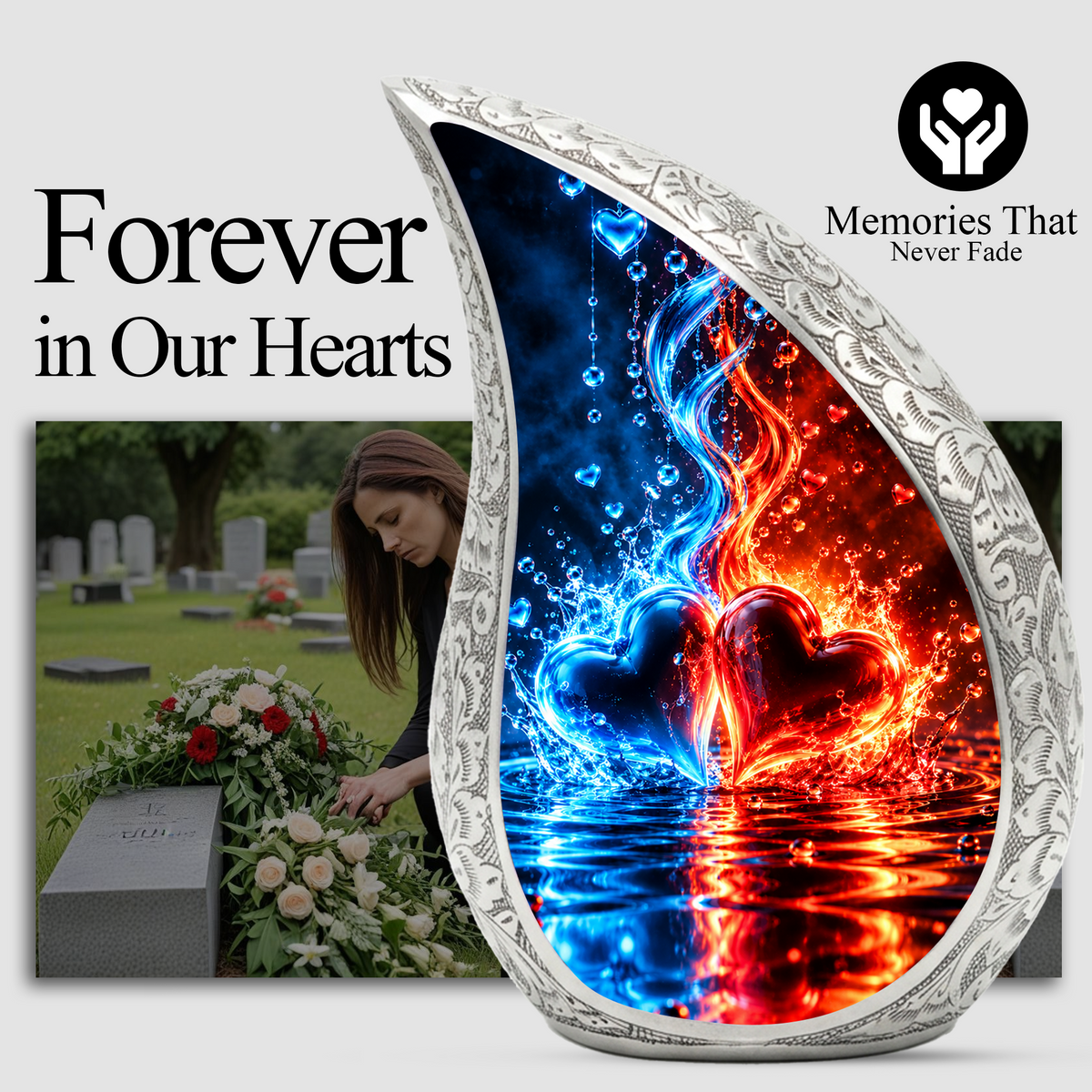 Heart Urn for Ashes, Red and Blue Hearts Aluminum Cremation Urn