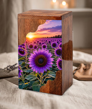 Purple Sunflower Cremation Urn for Mom | Wooden Urn for Human Ashes