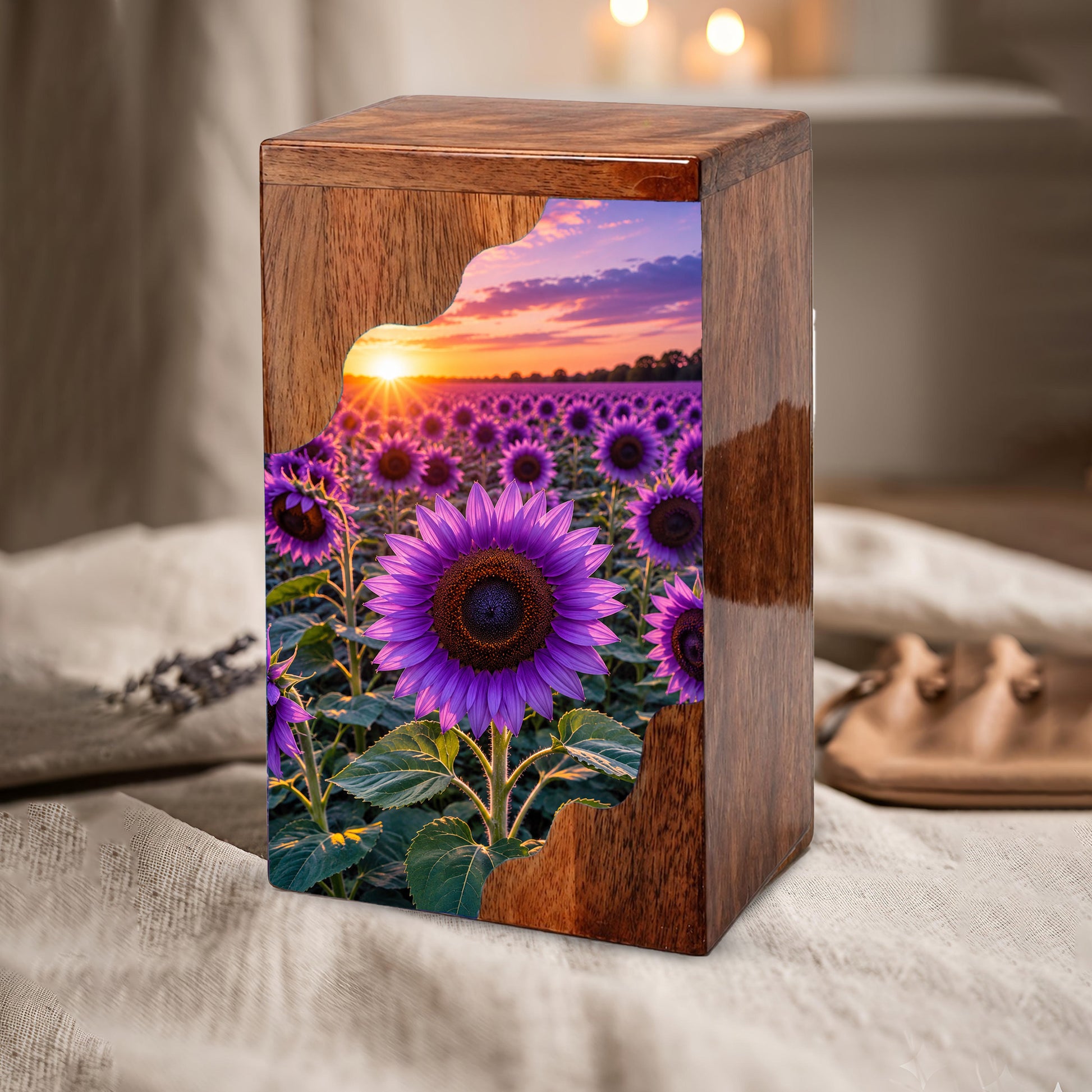 Purple Sunflower Cremation Urn for Mom | Wooden Urn for Human Ashes